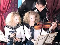 Twin teens Judit and Zsuzsa await open mouth cumshots after 3ome with teacher